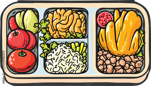 Colorful and healthy lunch box with various fruits vegetables and delicious foods for lunch.