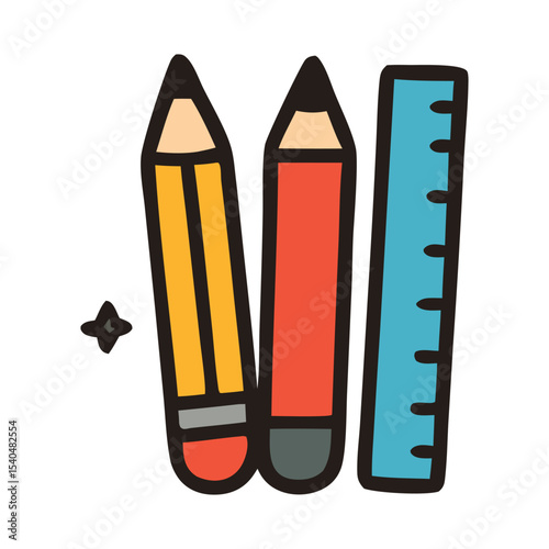 School supplies show two pencils and a ruler – essential tools for learning and drawing, perfect for educational or back to school designs.