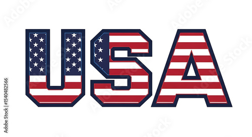 Bold USA text with an American flag pattern in a sporty varsity font. Patriotic red, white, and blue letters with a 3D effect, isolated on a black background for Independence Day or national events.