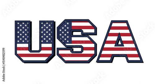 Bold USA text with an American flag pattern in a classic varsity font. This patriotic graphic illustration features stars and stripes, perfect for national holidays and events.