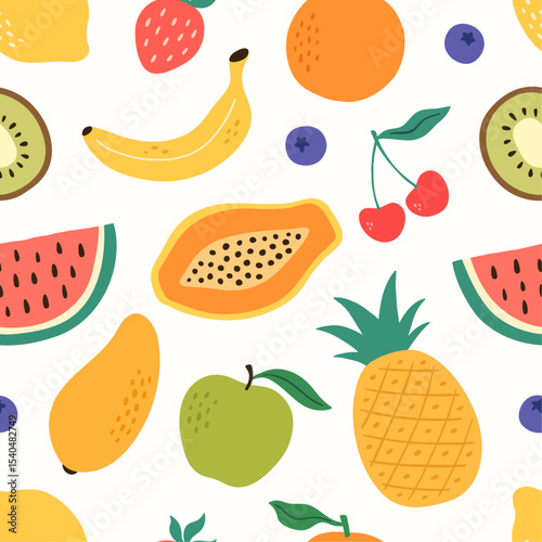Fruit doodle pattern with banana, pineapple, watermelon, kiwi, apple, mango, cherry, orange