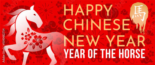 horizontal banners Chinese New Year 2026 Year of the Horse. Template design for holiday illustrations, greeting cards and banners. (Chinese Translation: horse)