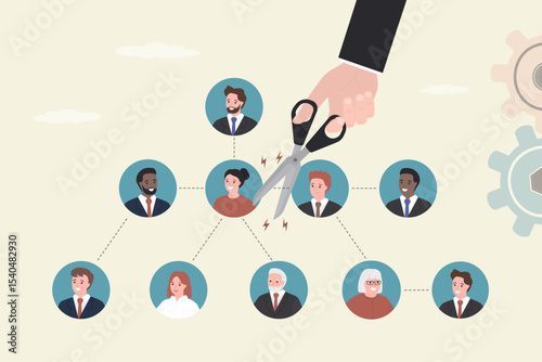 Boss hand cut job from organization chart. Downsizing or layoff employee, contract termination, loss job from redundancy, dismissal workforce, restructure company