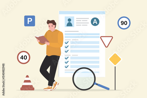 Male character read textbook and learning to drive a car on driver course. Paper form. Auto school test. Driving school, traffic rules. Smart young man preparing driving exam