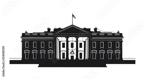 White House silhouette vector illustration. Detailed black and white graphic icon of the US President's residence in Washington D.C. American government and politics symbol.