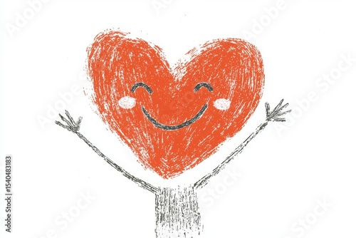 Happy Heart Character with Joyful Expression and Cheerful Arms in Vibrant Orange and Gray Colors
