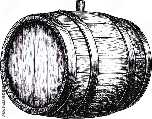 Illustration of an aged wooden barrel with metal hoops and a stopper shown on transparent background