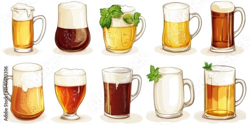 Assorted Beer Mug Set: A collection of vector beer mugs showcasing beer with different types. the perfect art for pub menu, showcasing rich colors and creamy froths.