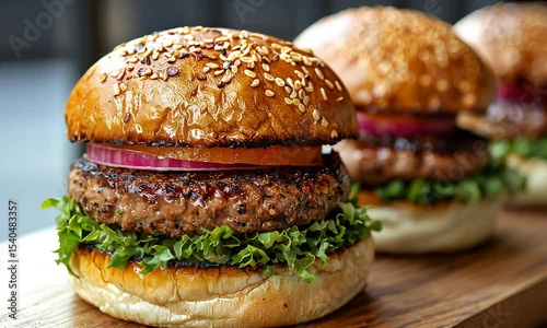 Three Delicious Burgers Topped with Fresh Vegetables on Wooden Board with Soft Indoor Lighting in a Row Style Gourmet