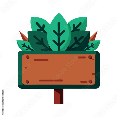 a big sign board with green leaves 