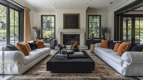 Luxurious family living room with elegant decor, featuring stylish sofas and cozy atmosphere