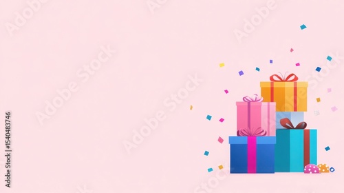 Present-Perfect Moment: A collection of vibrantly wrapped presents, adorned with elegant bows, sits gracefully, accented by floating confetti.