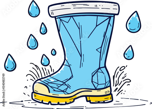 Illustration of a blue rain boot with cracks standing in a puddle with raindrops falling.
