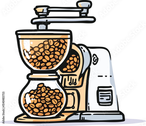 Illustrated coffee grinder with beans depicting the preparation of fresh aromatic coffee.