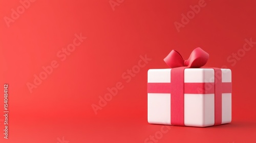 Gift Box: A minimalist shot of a single gift box with a red ribbon on a saturated, vibrant red backdrop, evoking themes of celebration, surprise, and anticipation.