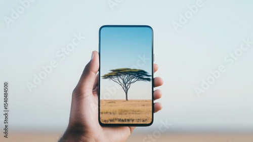 Smartphone's Digital Window to Nature: A hand holds a smartphone, its screen displaying a serene landscape of a lone acacia tree standing gracefully against the backdrop of a clear sky.