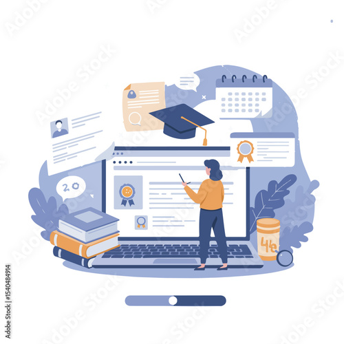 Modern flat vector about online education and graduation, featuring a student in front of a laptop with a graduation cap, certificate, and books. Transparent background design, ideal for e-learning an