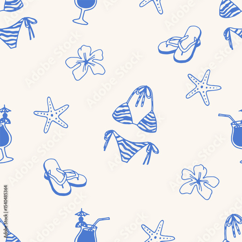 Seamless pattern with striped bikini, flip flops, tropical cocktails, hibiscus flowers, and starfish on light background. Summer vacation and beach fashion concept. Flat lay composition