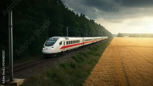 Wallpaper Mural High-speed train traveling through a scenic landscape with fields and trees under a dramatic sky Torontodigital.ca