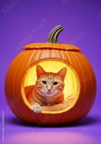An adorable ginger cat comfortably nestled inside a carved jack-o'-lantern, glowing against a vibrant purple background. Symbolizes cozy Halloween, festive pets, and autumn charm. 