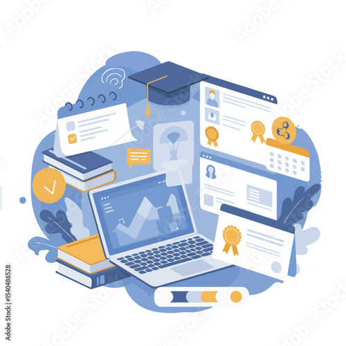 Modern flat vector about online education and virtual classes, featuring a laptop, books, graduation cap, and certificates. Transparent background design, ideal for e-learning platforms and digital co
