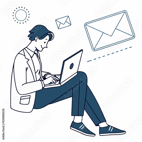 Man working on laptop receiving emails outdoors