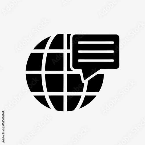 Global communication icon with speech bubble and globe, black and white internet messaging symbol
