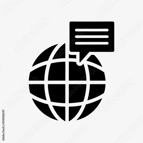 Global communication icon with speech bubble and globe, black and white internet messaging symbol
