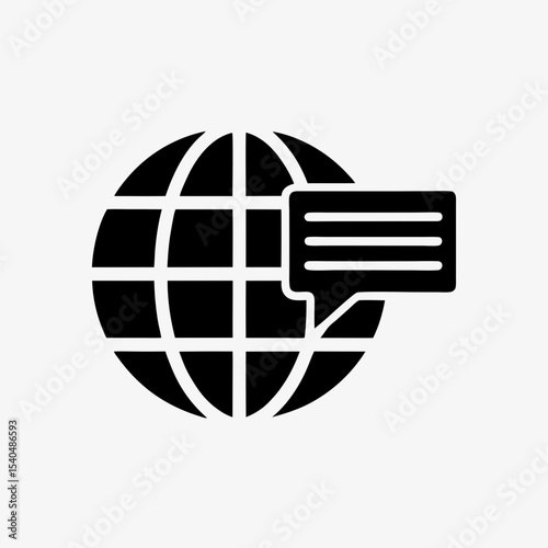 Global communication icon with speech bubble and globe, black and white internet messaging symbol
