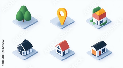 Isometric House Icons: A vibrant collection of six isometric house icons and pin icons, representing various home styles, location and design.