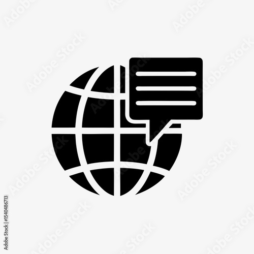 Global communication icon with speech bubble and globe, black and white internet messaging symbol

