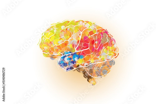 The outline of a human brain filled with brightly colored particles symbolizes full brain function, mental health and happiness.
