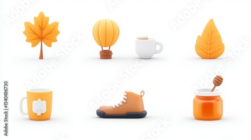 Autumnal Delight: A collection of charming 3D-rendered icons capturing the essence of autumn, featuring maple leaf, hot air balloon, and cozy mug.