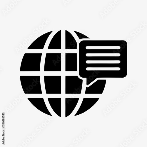 Global communication icon with speech bubble and globe, black and white internet messaging symbol
