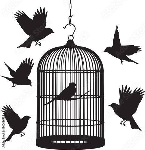 Silhouette of a birdcage with birds flying around and one bird inside