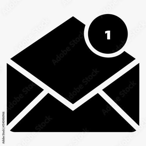 New message notification icon with envelope and alert badge, black and white email symbol on white background
