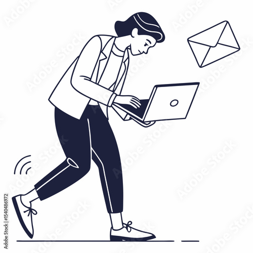 Busy woman working on laptop email marketing