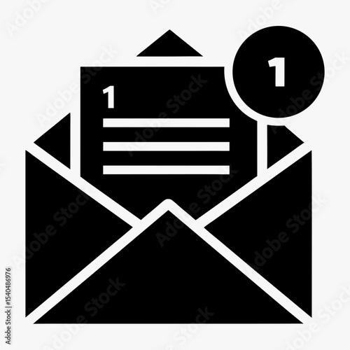 New message notification icon with envelope and alert badge, black and white email symbol on white background
