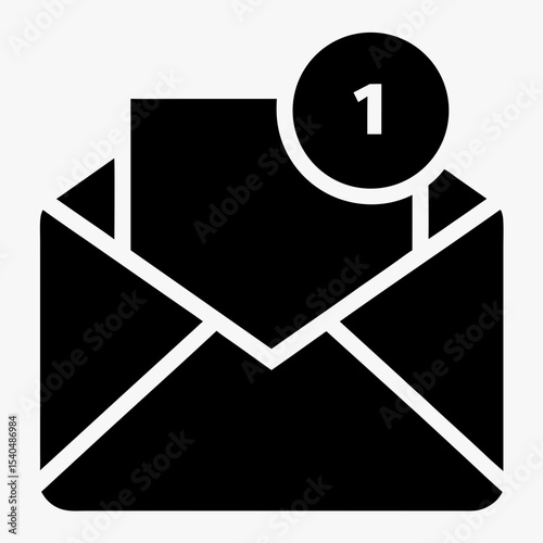 New message notification icon with envelope and alert badge, black and white email symbol on white background

