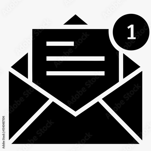 New message notification icon with envelope and alert badge, black and white email symbol on white background
