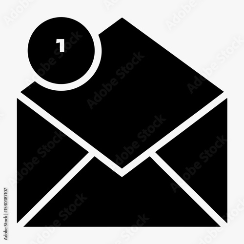 New message notification icon with envelope and alert badge, black and white email symbol on white background
