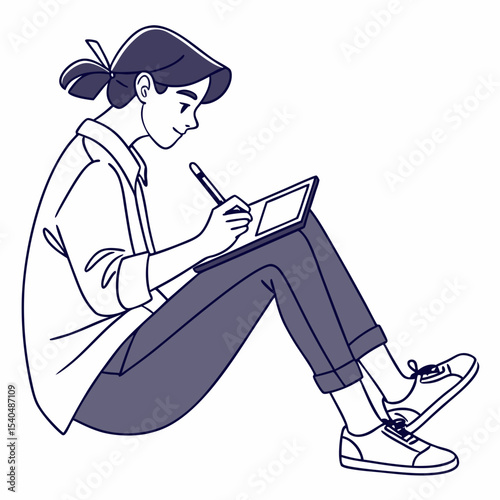 Young woman sitting floor using stylus tablet