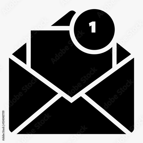 New message notification icon with envelope and alert badge, black and white email symbol on white background
