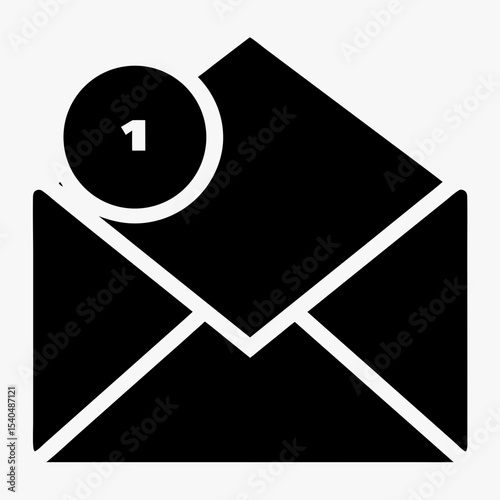 New message notification icon with envelope and alert badge, black and white email symbol on white background
