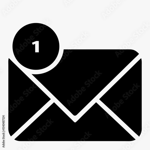 New message notification icon with envelope and alert badge, black and white email symbol on white background
