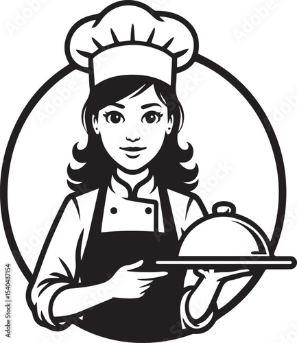 Charming female chef presenting food dish on a tray within a classic black and white emblem