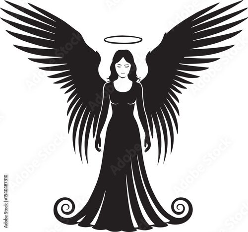 Elegant black and white angelic woman with wings and a halo silhouetted on white background