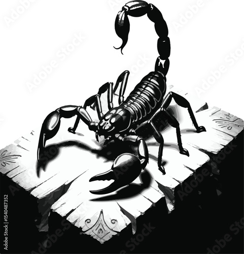 Detailed monochrome illustration of a fierce scorpion resting on a stone surface
