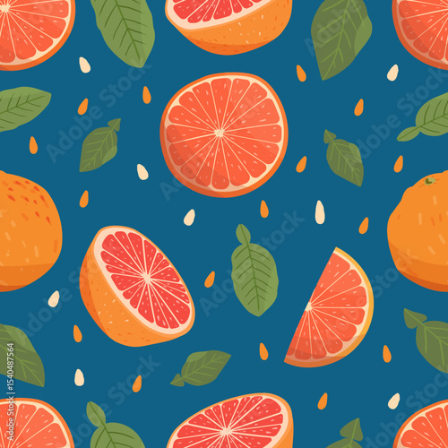 Seamless pattern grapefruits fruits with leaves and seeds on blue background. Hand drawn vector citrus illustration 