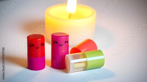 Three vibrantly colored lip balms on a white background, illuminated by warm candlelight, creating an adorable and cute aesthetic.  The image showcases charming features, flickering flames, and a warm